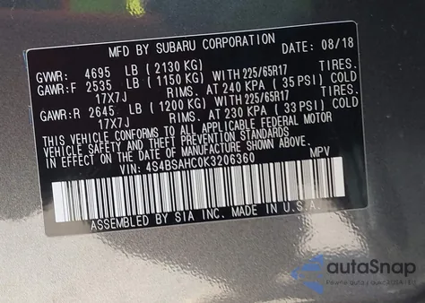 2019 Subaru Outback 2.5I Premium from USA, damaged, VIN 4S4BSAHC0K3206360